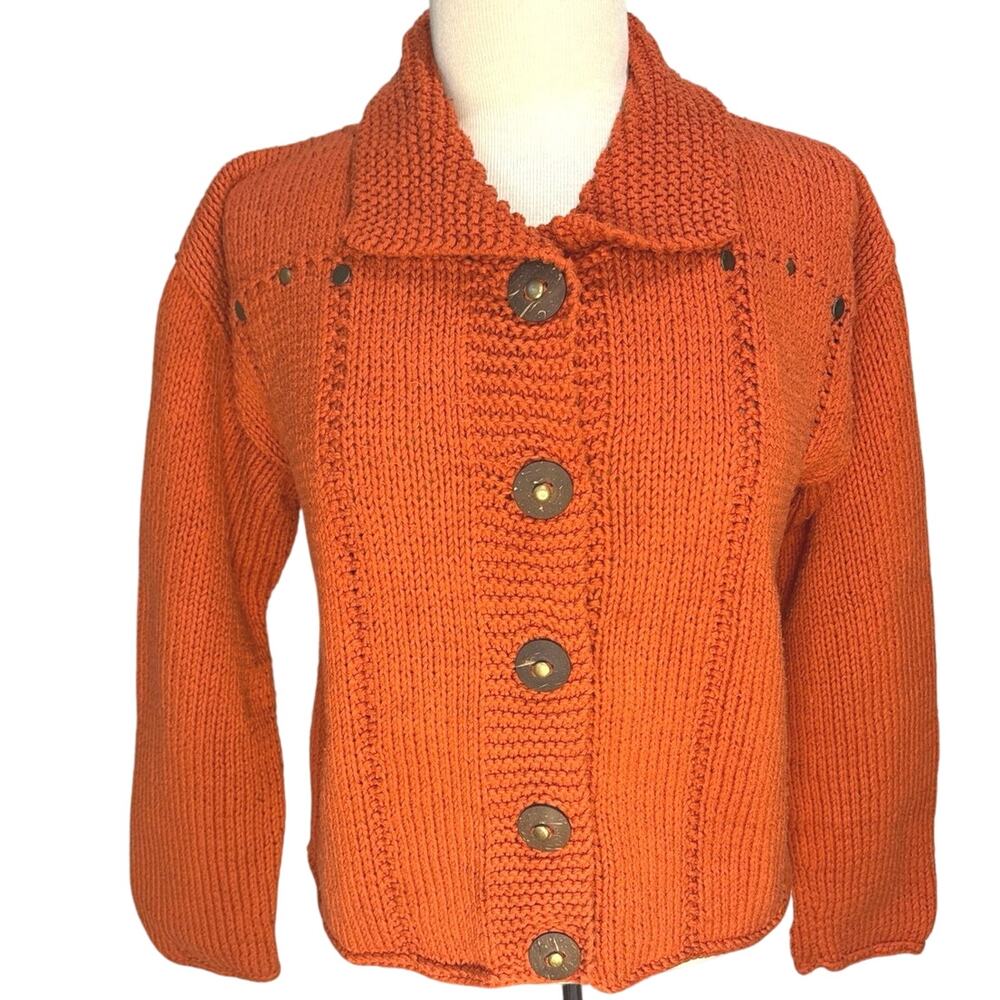 Pure Handknit Cardigan Women’s S/M Decorative Buttons and Studs Chunky Knit
